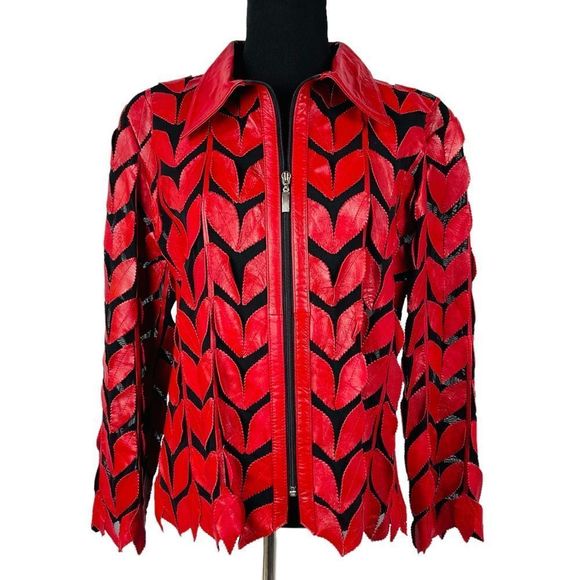 Natto Red Leather Leaf Jacket Blazer Sheer Mesh Classy Zip Front Soft Si… - Picture 1 of 10